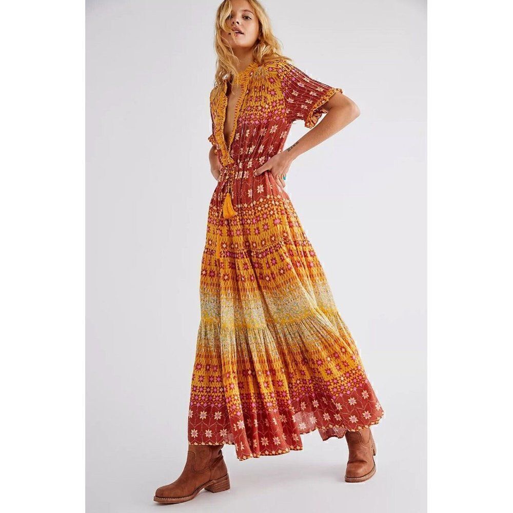 NWT FREE PEOPLE Sz XS RARE FEELINGS MAXI DRESS GOLDENROD
